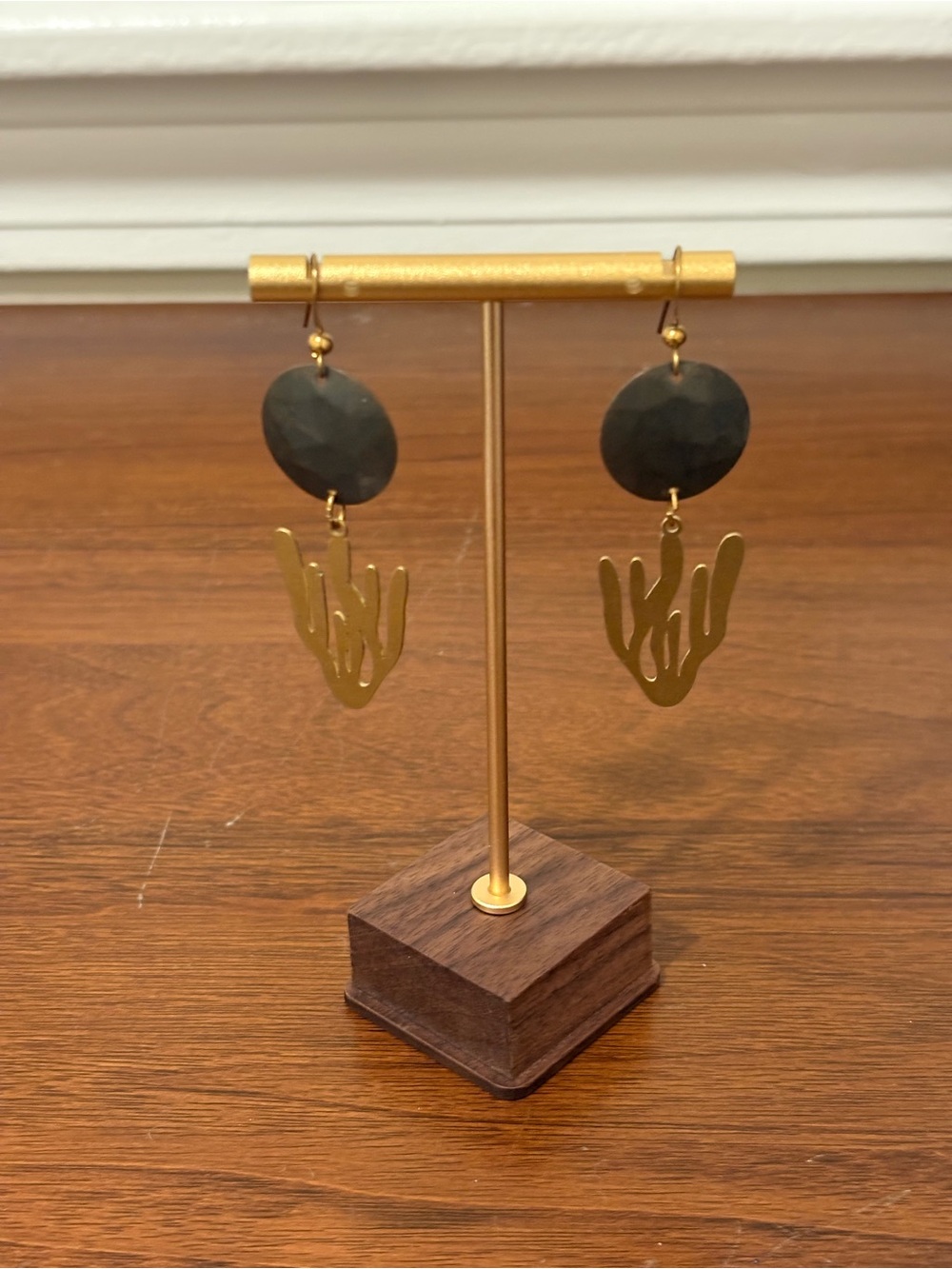 Gold and Black Drop Earrings with Organic Pendant